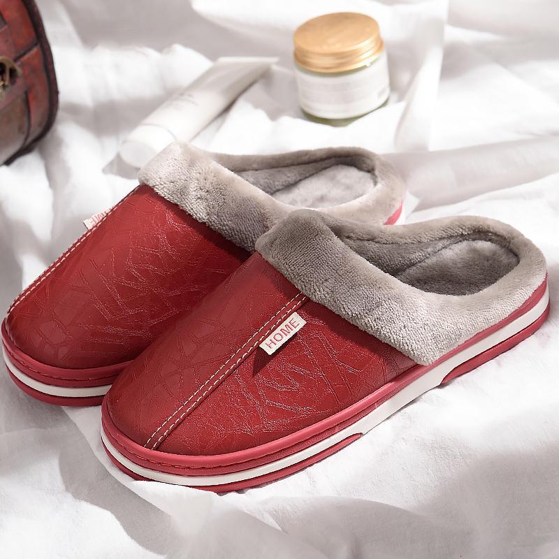 Women's Slippers Leather Winter Windproof Warm Plush Memory Foam Home Slippers for Men House Shoes Plus Size