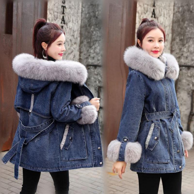 Ladies Winter Jacket Cashmere Thick Denim Hooded Coat with Big Fur Collar Parka