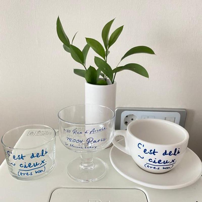 Korean Style Niche Coffee Shop Simple Blue Letter Ceramic Mug and Saucer Set French Retro Romantic Coffee Cup Milk Cup