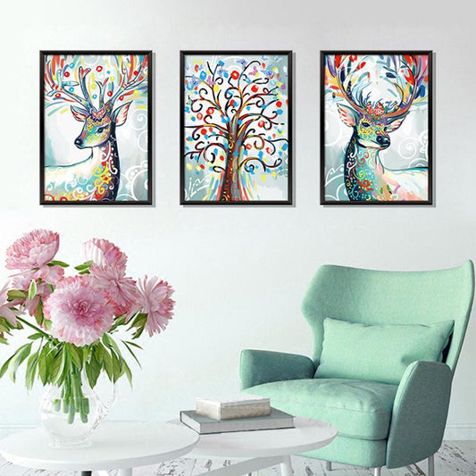 Three-dimensional triptych watercolor elk wall stickers study dormitory background decoration