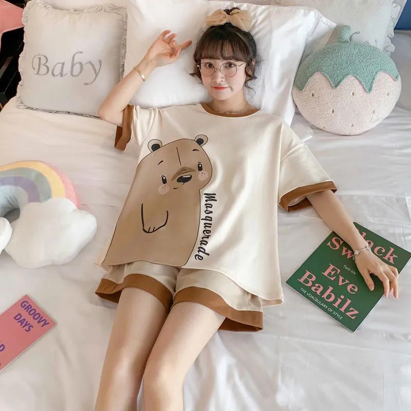 Women's Summer Pajamas Set Short-sleeved Loose Large Size Cartoon Cute Pyjamas Two-pieces Homewear Round Neck Printing Sleeping Suit