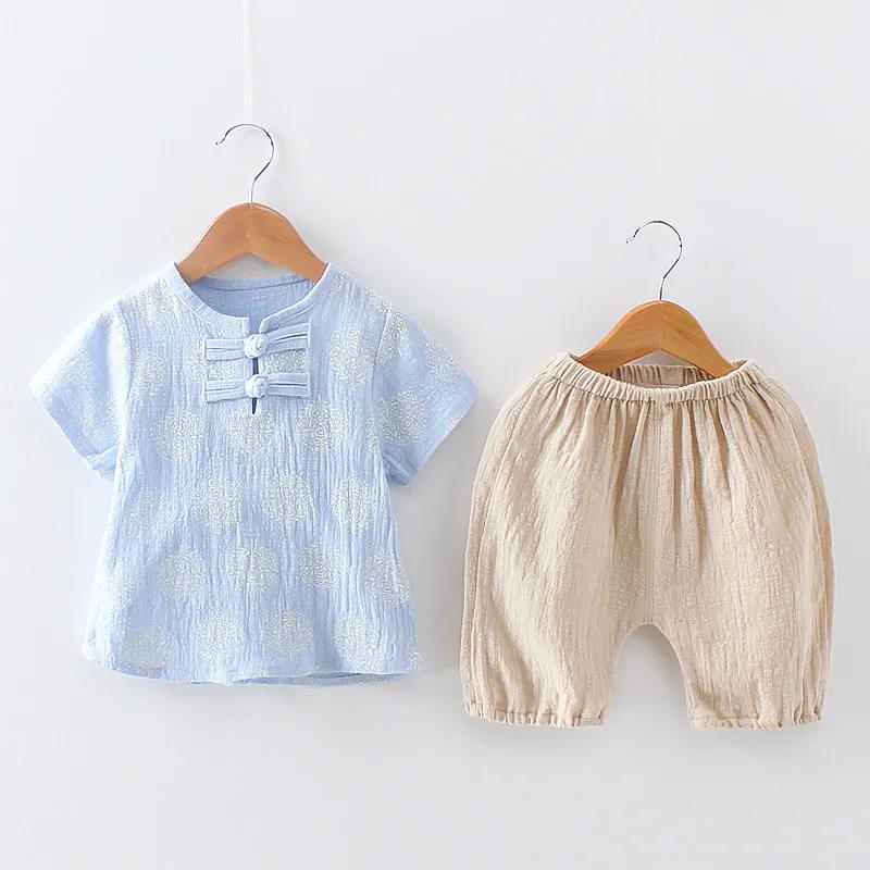 Children's Suit Summer Thin Boys Girls Loose Printing Dragon T-shirt Shorts Two Piece Set Chinese Style Pleated Button Ventilation