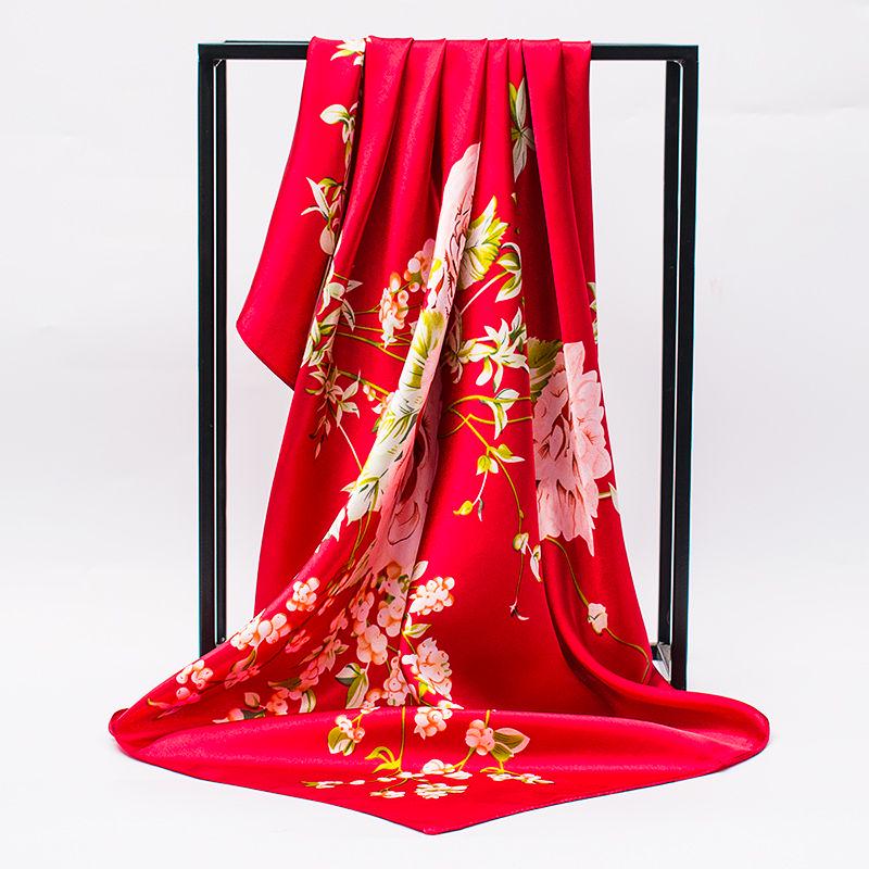 Square Silk Scarf 90*90cm Women Flowers Big Bandana Hijab Head Satin Silk Scarves Shawl