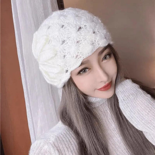 Knitted Hat Woman Autumn and Winter Wild Handmade Flower Warm Sweater Hat Bag Head Month Cap