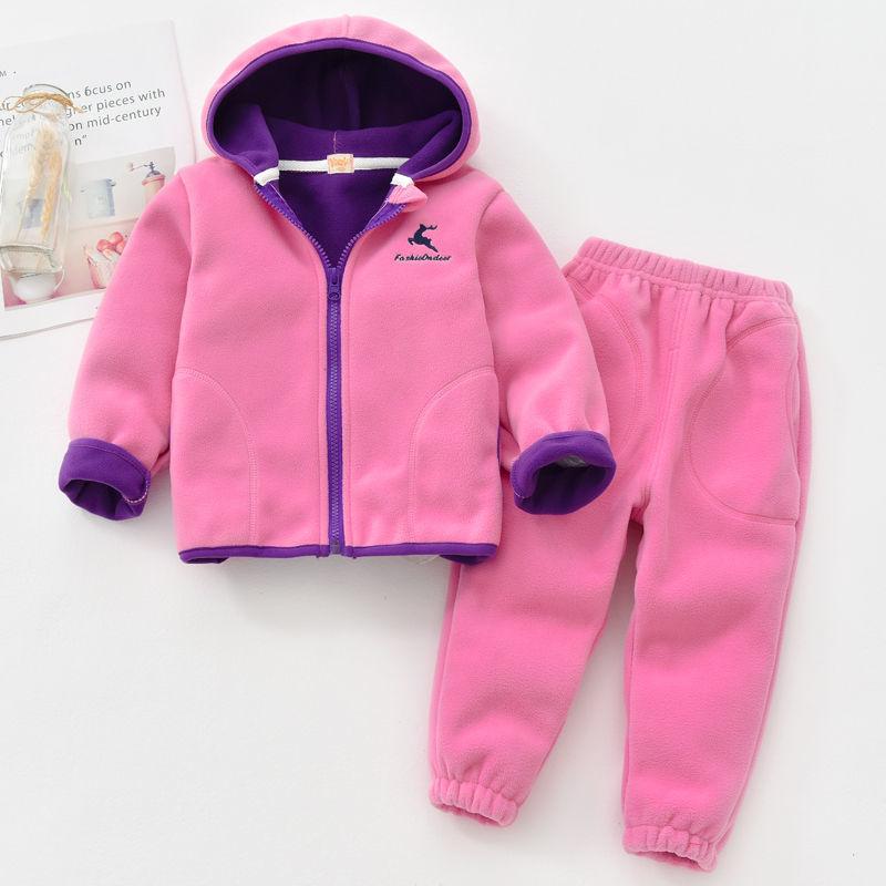 Children's Polar Fleece Suit Spring and Autumn Big Children's Fleece Warm Top Pants Two Boys and Girls Hooded Plus Fleece