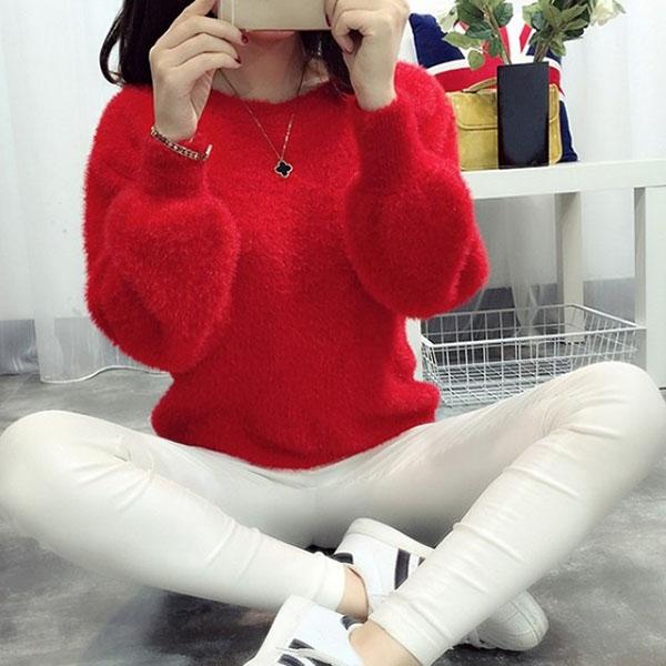 Autumn and Winter Round Neck Short Top Loose Pullover Solid Color Long-haired Sweater Thick Mohair Bottoming Shirt