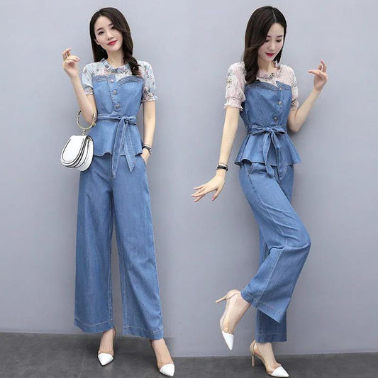 Cowboy Wide-leg Pants Suit Women's Temperament Age Reduction Two-piece Short-sleeved Denim Jacket + Denim Wide-leg Ladies Temperament Elegant Suit