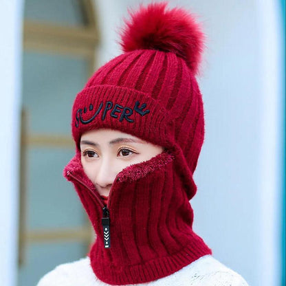 Winter Knitted Hat and Bib One-piece Korean Version Plus Velvet One-piece Woolen Hat Riding Windproof Ear Protection Warm Hat