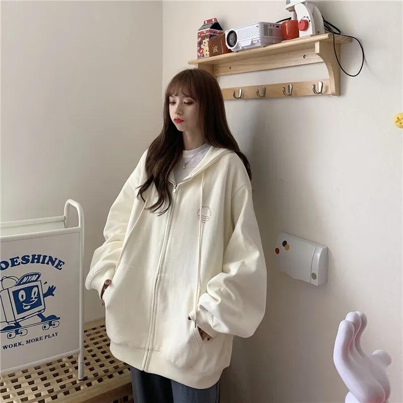 Hooded Cardigan Sweater Female Student Mid-length Top Coat Ins Spring/summer Korean Loose All-match Jacket Zipper Coat Long-sleeved Hooded Sweater