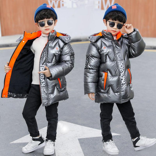 Fleece Boys' Winter Padded Jacket Big Children's Bright Leather Padded Jacket Children's Mid-length Down Padded Jacket