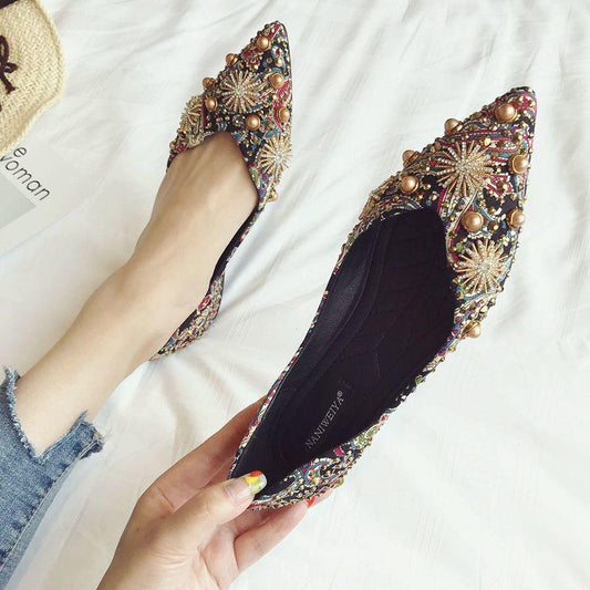 Korean Version of Retro Single Shoes Female Printed Cloth Pointed Toe Flat Shoes Rhinestone Rivet Scoop Shoes Shallow Mouth Soft Bottom Shoe All-match