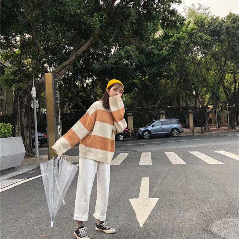 Autumn and Winter Striped Turtleneck Sweater for Female Students Korean Version of Loose and Lazy Lantern Sleeve Pullover Sweater Coat