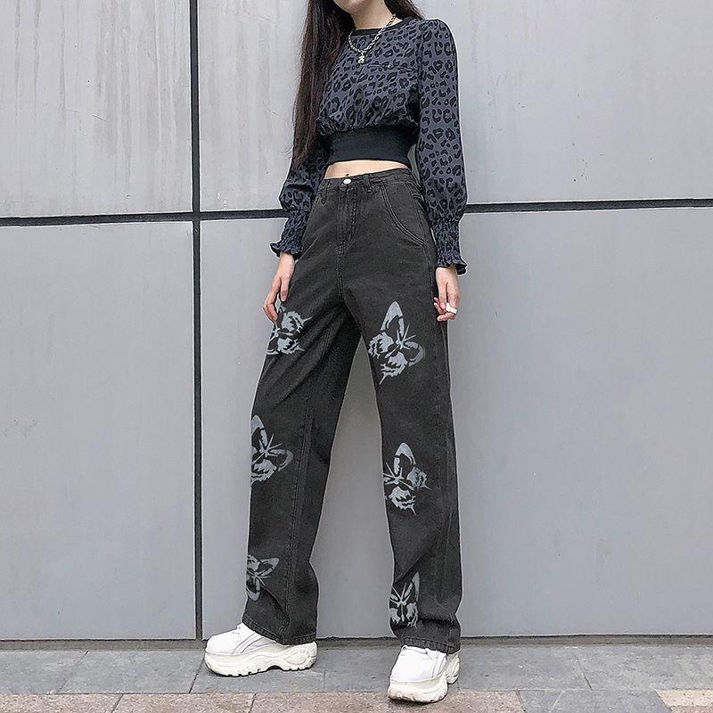 Butterfly Print Straight-leg Jeans Vintage Jeans Loose Streetwear Women's High-waisted Slim and Versatile Drape Loose Mopping Casual Pants