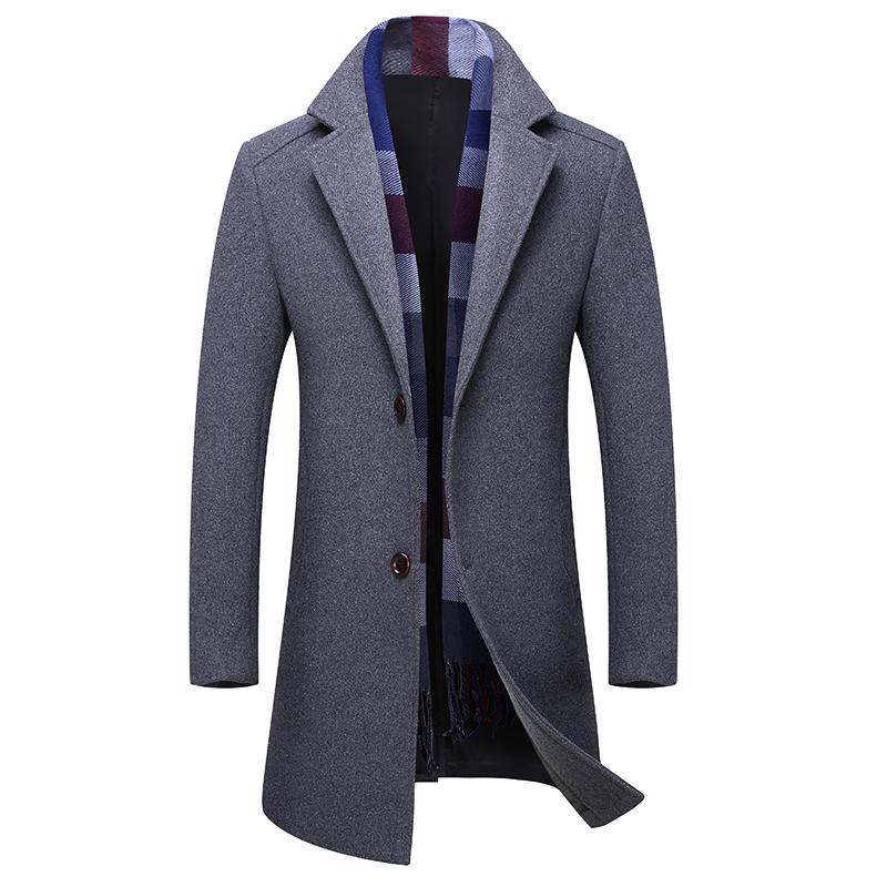 Men's Wool Coat Winter Warm Solid Color Long Trench Jacket Male Business Casual Overcoat Parka