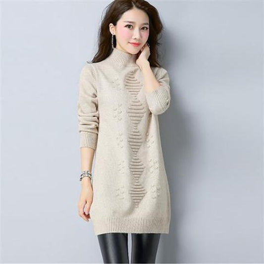 Pofulove Women Winter Warm Turtleneck Knitwear Dresses Long Knitted Solid Color Sweater Skirt Thick