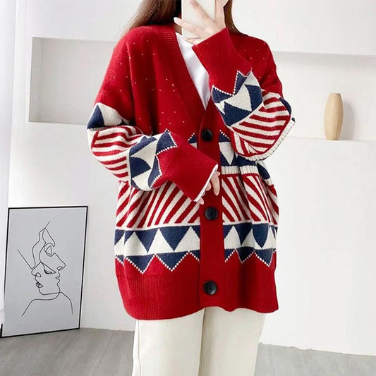 2021 Spring and Autumn Sweater Cardigan Jacket Women's Knitwear Loose Outer Wear Color Blocking V-neck Top