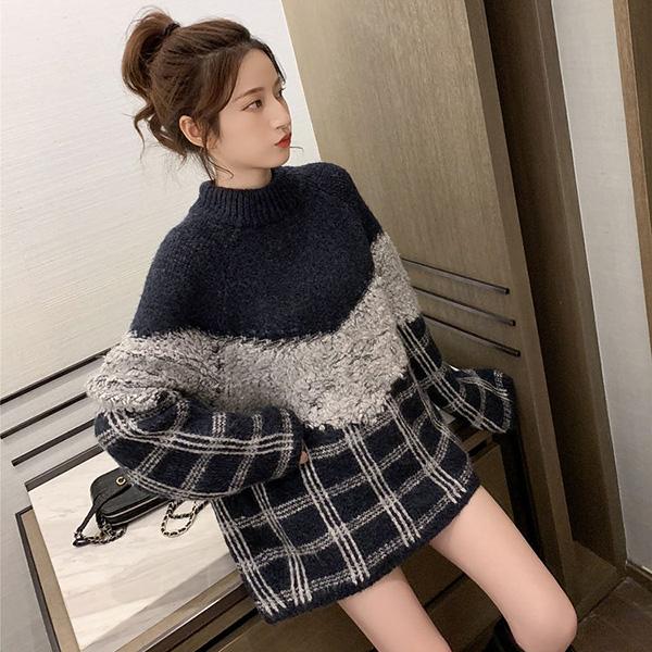 Autumn and Winter Round Neck Long-sleeved Shirt Contrast Color Plaid Sweater Women Loose Stitching Sweater Fashion Design