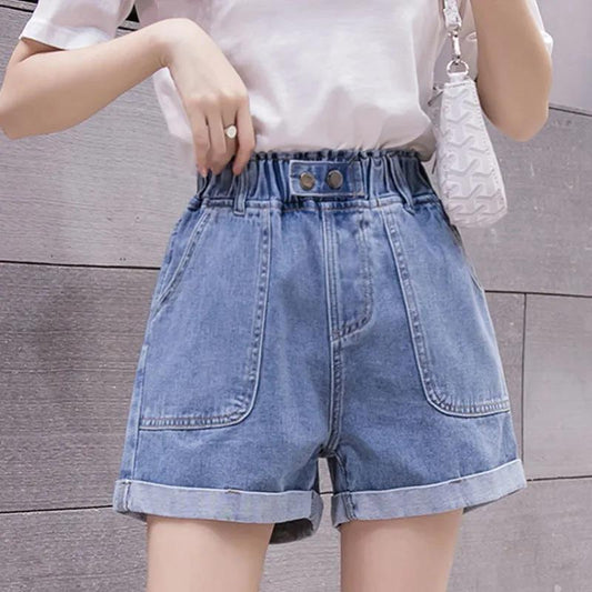 High Waist Denim Shorts Women's Elastic Waist Outer Wear A-line Wide-leg Shorts Women's Denim Shorts Adjustable Waist