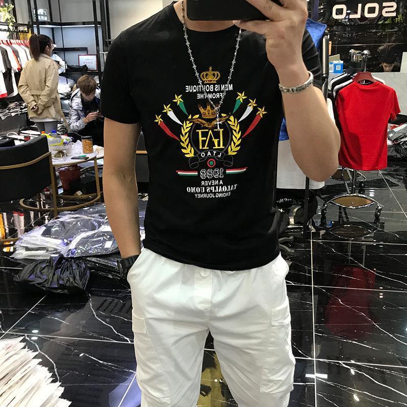 Summer short-sleeved T-shirt men's trend round neck fashion printing Slim half bottoming T