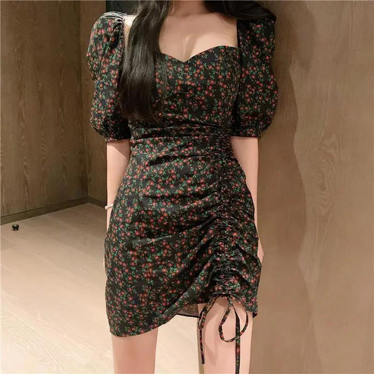 Summer Ladies Bag Hip Dress Sweet and Elegant Floral Ruffled Square Neck Strap Short Dress Ladies Puff Sleeve Mini Dress