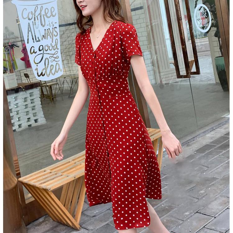 Vintage Dress French Style Polka Dot Midi Dress Long Sleeve High Waisted Retro Holiday Dress Women