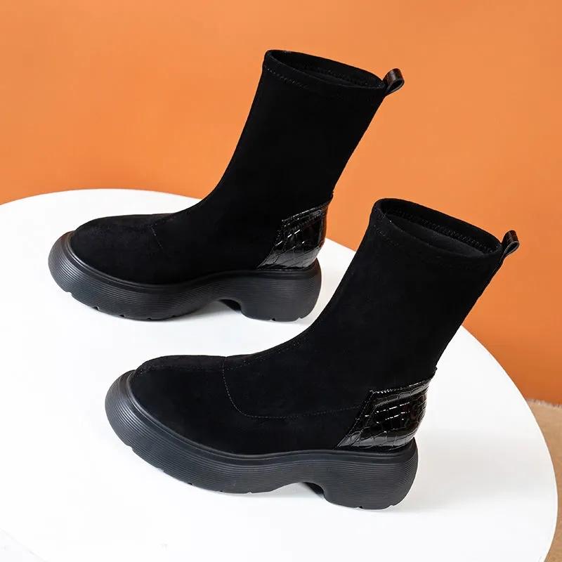 Black Boots Woman Autumn and Winter Elastic Boots Korean Version of Wild Short Boots Increased Thick-soled Boots Martin Boots