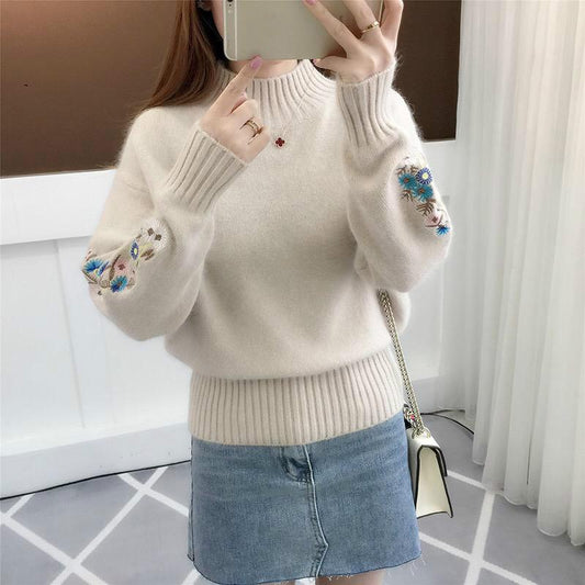 Autumn and Winter Sweater Print Wild Long-sleeved Warm Sweater Turtleneck Sweater Thickening Female