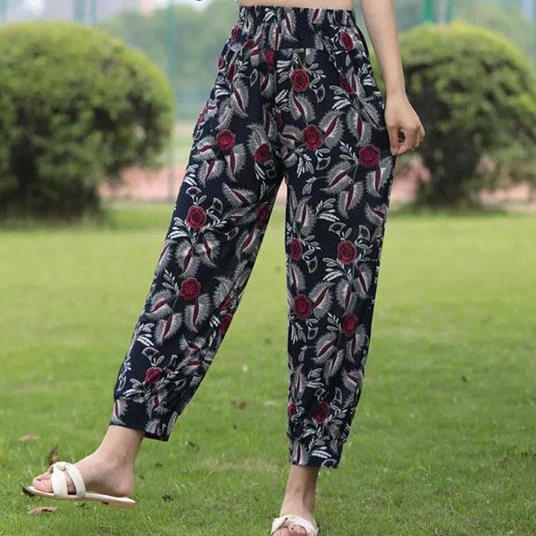 Women's Spring and Summer Plus Size Printing Long Pants Female Elastic Waist Loose Casual Thin Trousers