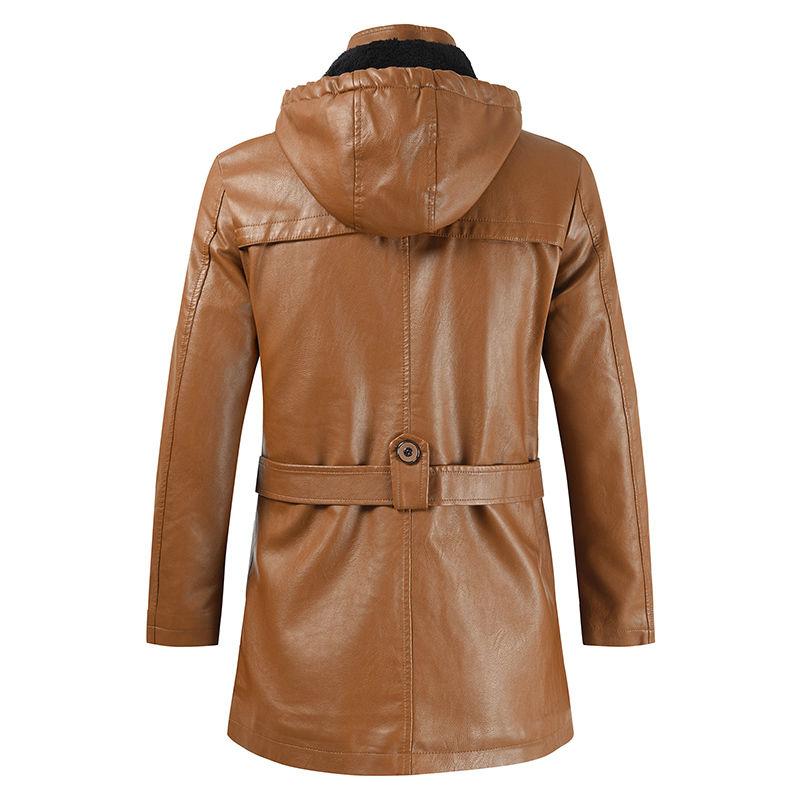 Men's Casual Fashion Mid-length PU Leather Hooded Slim Youth Motorcycle Leather Jacket