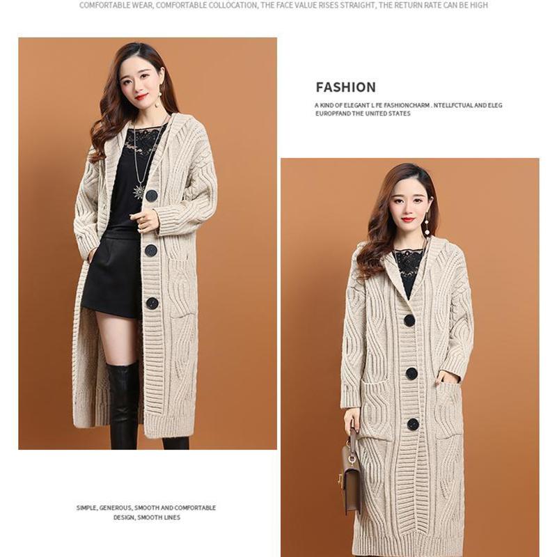 Hooded Knitted Cardigan Women's Outer Wear Autumn and Winter Long Loose Large Size Solid Color Sweater Jacket