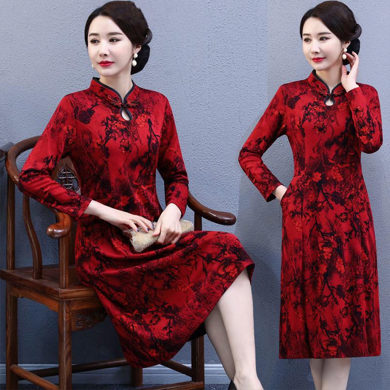 Women's Mid-skirt Chinese Style Long Cheongsam Dresses Retro Knee-length Skirt Summer Slimming Dress Dinner Dresses