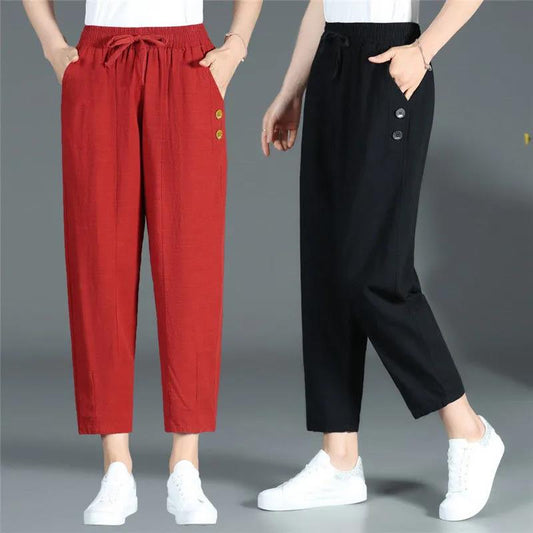 WTEMPO XL-XXXXL Cotton Linen Pants Women Spring and Summer Loose Elastic Waist Solid Color Casual Trousers