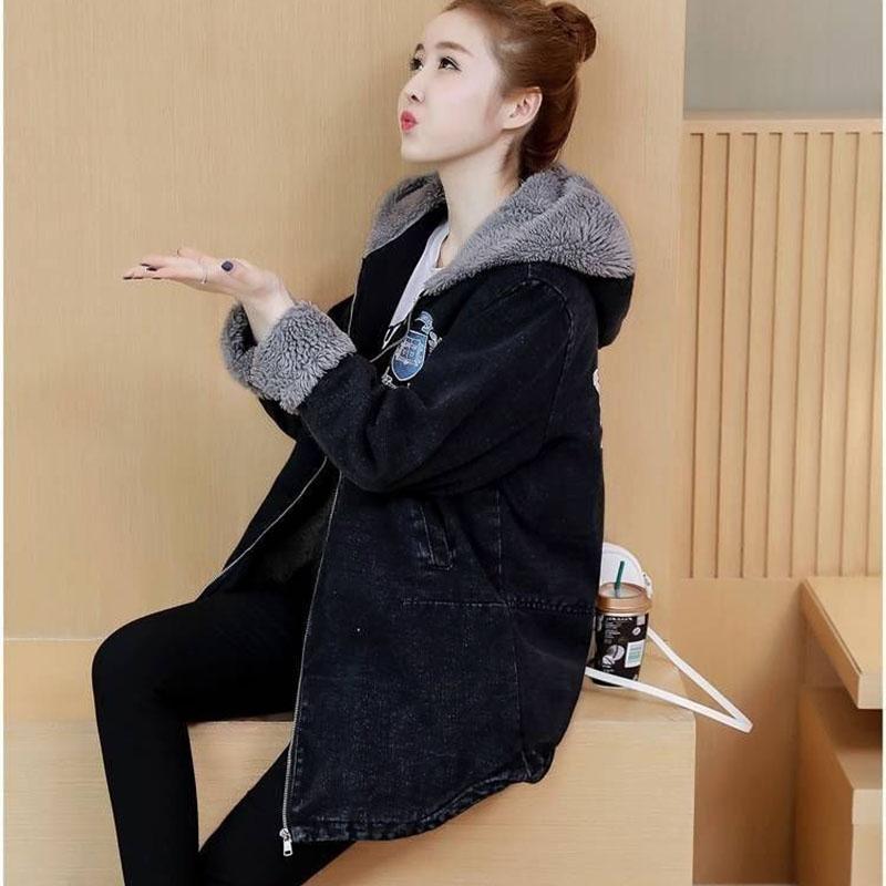 Women Flocking Denim Jacket Winter Ladies Mid-length Denim Parka Loose Plus Fleece Thick Hooded Coat