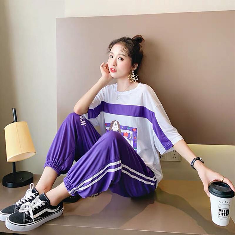 Summer Leisure Suit Women Loose Running Sportswear Two-piece Suit Round Neck T-shirt Short Sleeve + Loose Sports Pants Home Service Suit