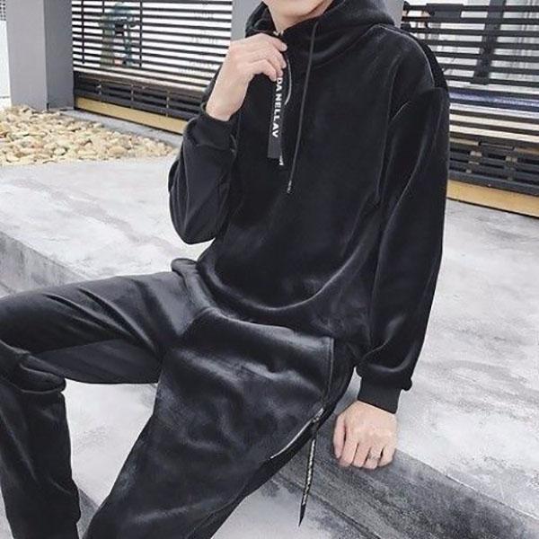 Gold Velvet Men's Sweater Suit Winter Fashion Hooded Plus Velvet Thick Korean Casual Sports Jacket