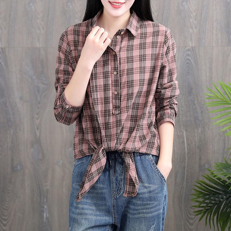 Bow Striped Retro Plaid Long Sleeve Shirt Women's Loose Large Size Mid Length Cardigan Shawl