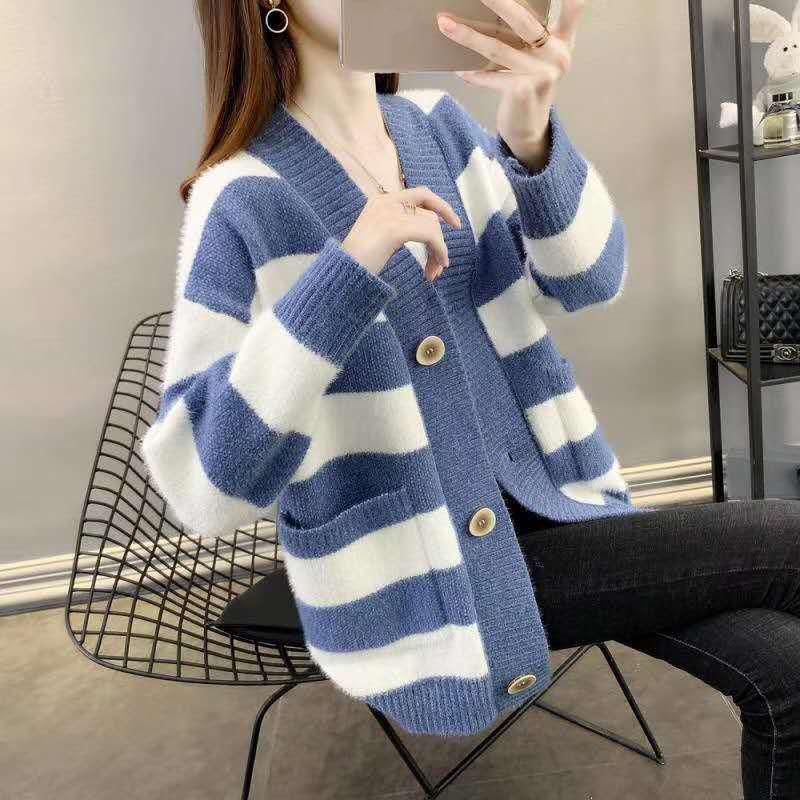 Autumn and Winter Mohair Jacket Loose-fitting Outer Wear Cardigan Jacket Striped Pattern Simple Female Jacket