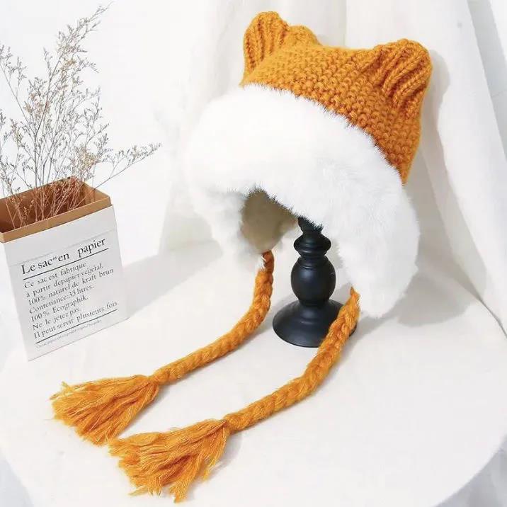 Winter Plush Knitted Hat Women's Cute Ear Thickened Woolen Hat Oversized Woolen Hat