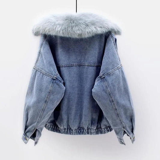 Winter Korean Short Denim Cotton Jacket Blue Grey Big Fur Collar Plus Velvet Thickening Warm Cotton Jacket