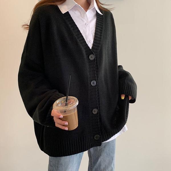 Teen Jacket Female Slim Loose All-match Button Knit Cardigan Jacket Female Solid Color Loose V-neck Sweater