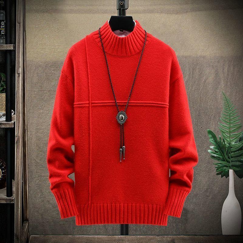 Men's Sweater Half Turtleneck Plus Fleece Thickening Autumn and Winter Youth Slim Trend Pullover Sweater