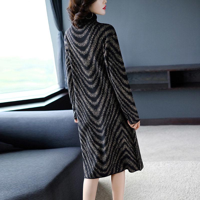 Large Size Loose Knit Dress Women Autumn Winter Slim Thickening Warm Turtleneck Sweater Dress Long Striped Bottoming Pullover Sweater