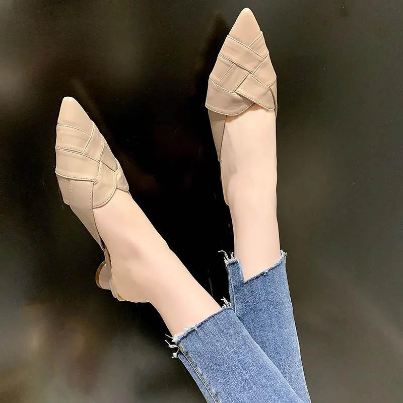 Low-heeled Baotou Half-slippers Women's Summer All-match Lazy Fashion Outer Wear Thick-heeled Pointed-toe Sandals and Slippers