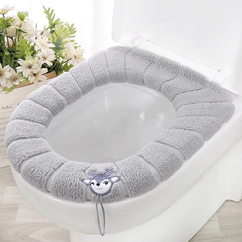 Winter Warm Toilet Seat Cover Closestool Mat 4Pcs Washable Bathroom Accessories Knitting Pure Color Soft O-shape Pad Bidet Cover