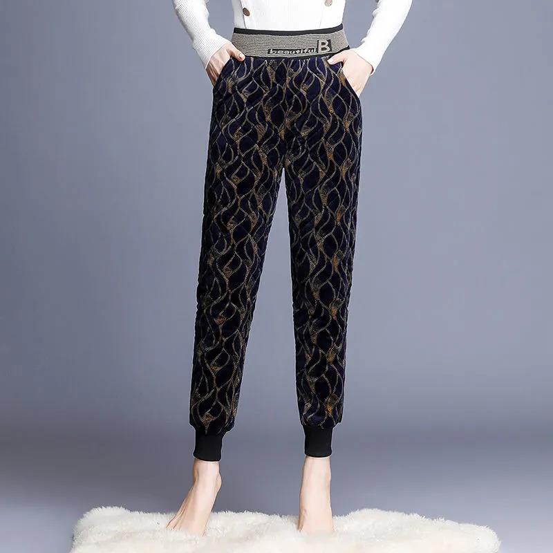 Middle-aged Elderly Plus Velvet Cotton Pants Women's Elastic High Waist Thickened Warm Pants Loose Casual Pants for Outer Wear