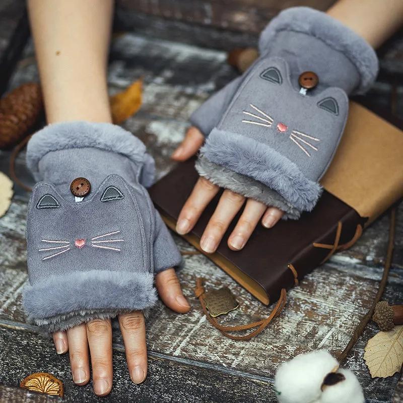 Women's Autumn Winter Suede Gloves Warm Cute Thick Velvet Clamshell Fingerless Mittens Office Cycling Touch Screen Half-finger Thermal Gloves