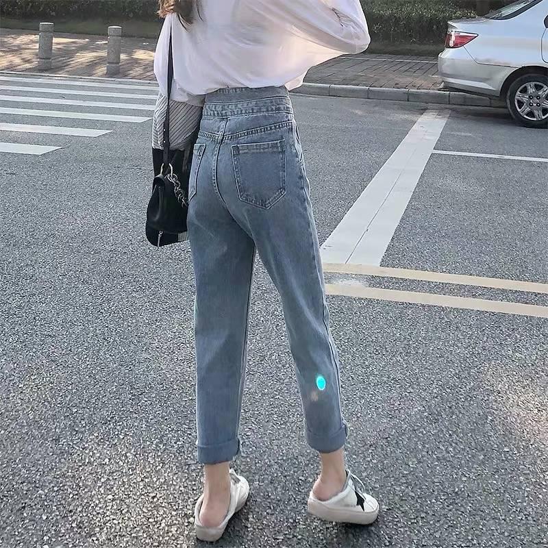 WTEMPO High-waisted Jeans Women Loose Thin and Wide-legged Retro Straight Crop Pants