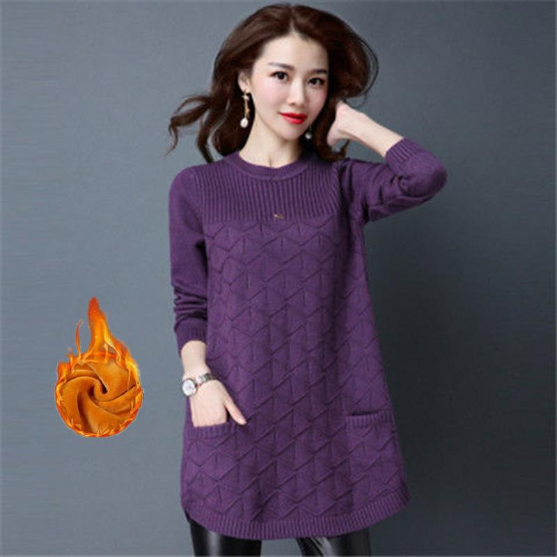 Thick and Velvet Mid-length Sweater Women's Low Round Neck Spring and Autumn Large Size Pullover Loose Knit Bottoming Sweater Sweater Skirt