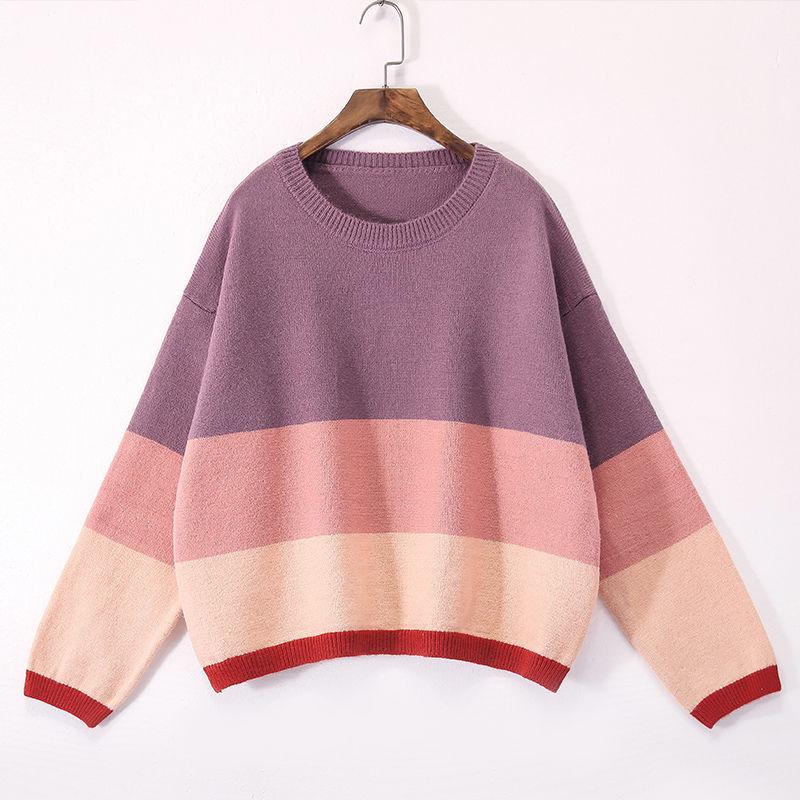 Pofulove Round Neck Sweater Women's Long-sleeved Loose Pullover Rainbow Sweater Striped Top Students