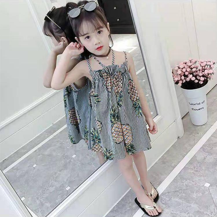 Children's Dress Girl's Suspender Dress Korean Version of Printed Fruit Striped Dress Backless Beach Princess Dress